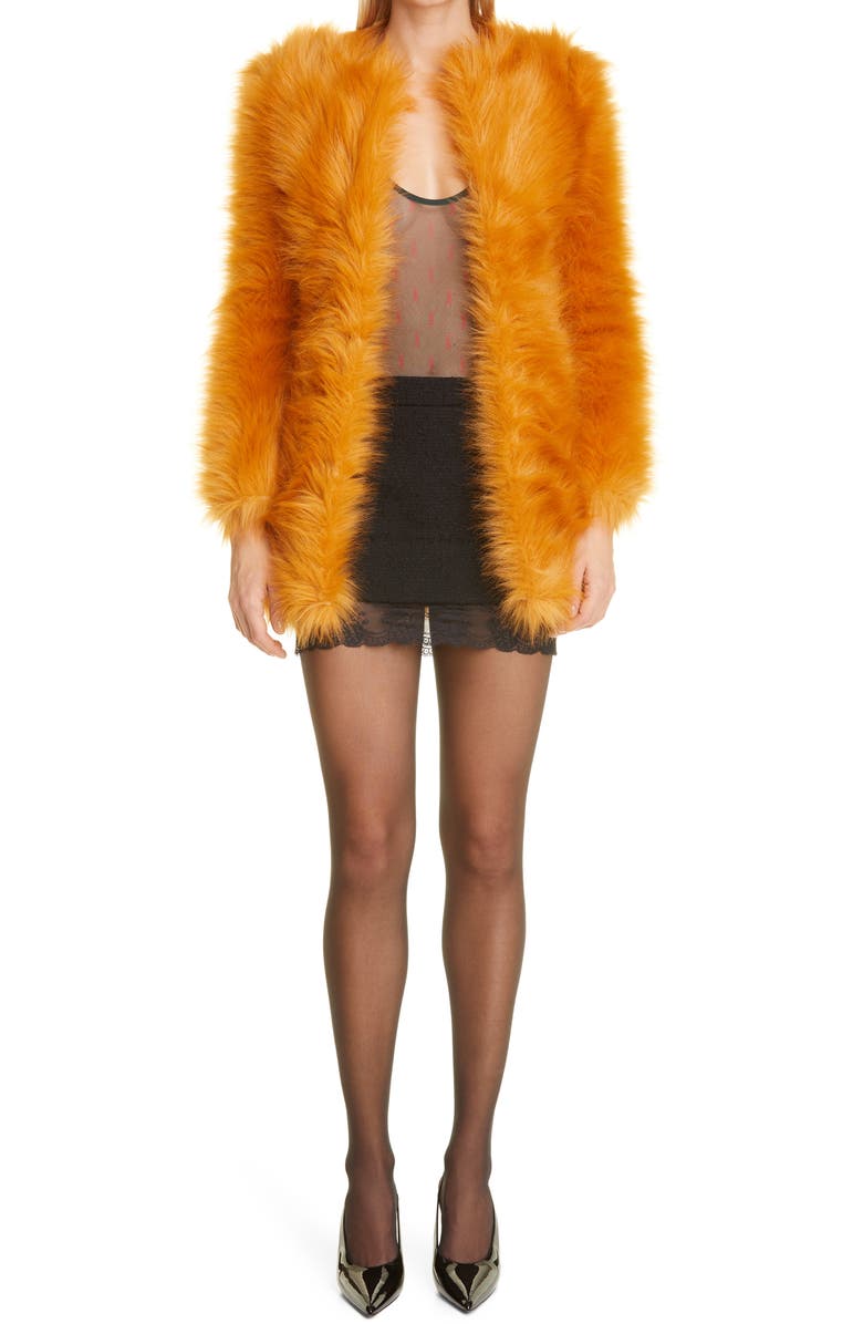 Saint Laurent YSL Logo Print Tulle Bodysuit, Alternate, color, 