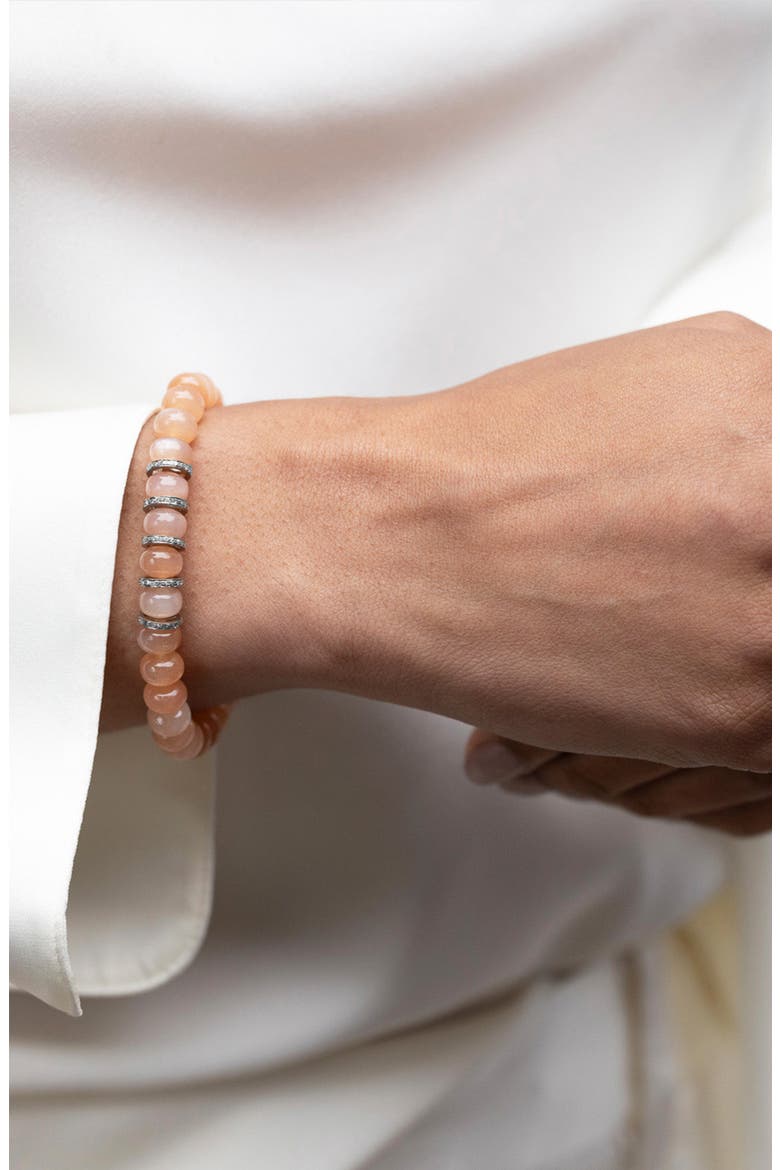 Peach Moonstone 8MM Bead Bracelet With 5 Diamond Rondelles, Alternate, color, Peach / Sterling Silver