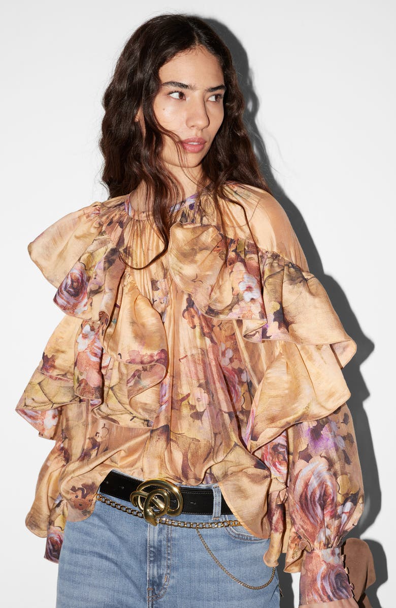 & Other Stories Floral Asymmetric Ruffle Top, Alternate, color, 