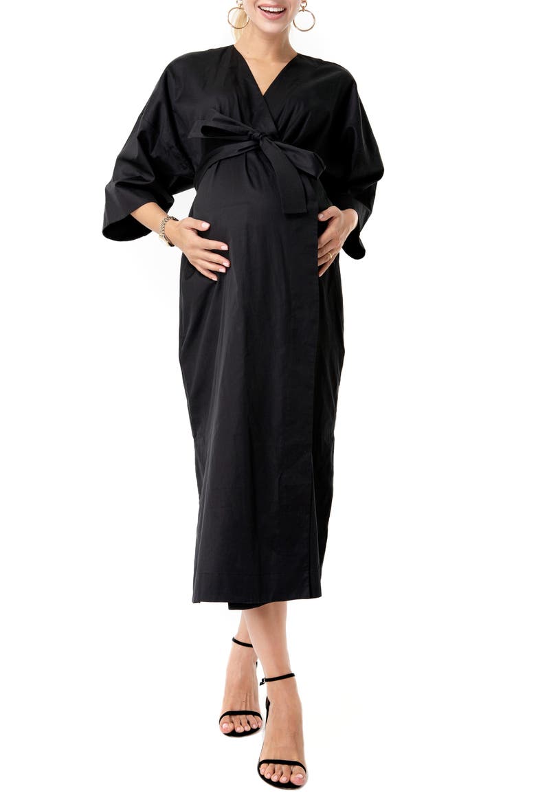 Amaterasu Tie Belt Maternity/Nursing Wrap Midi Dress, Main, color, BLACK