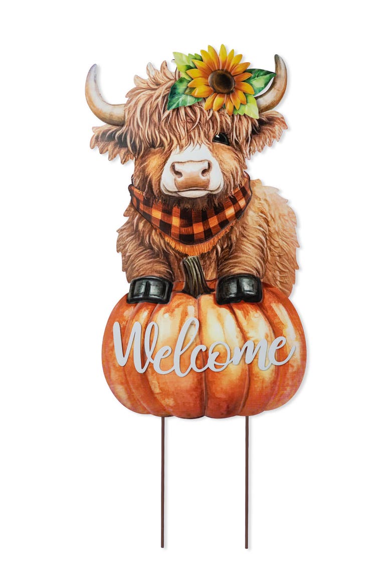 Fall Metal Highland Cow Yard Stake Wall Decor, Main, color, Orange