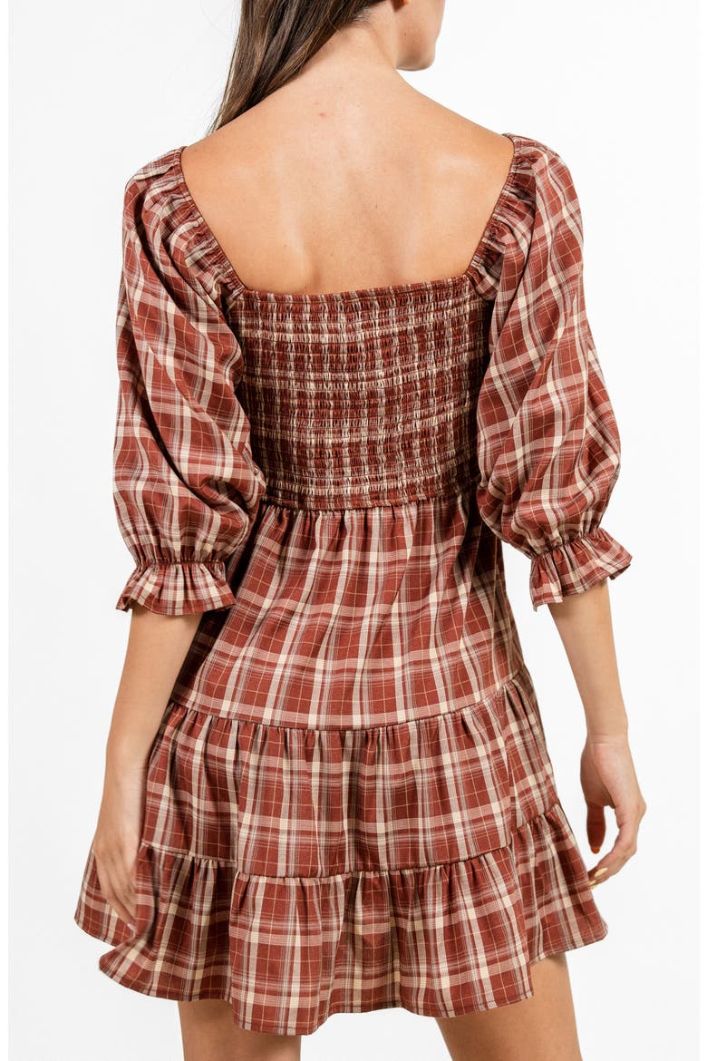 Plaid Three-Quarter Sleeve Tiered Dress, Alternate, color, RUST