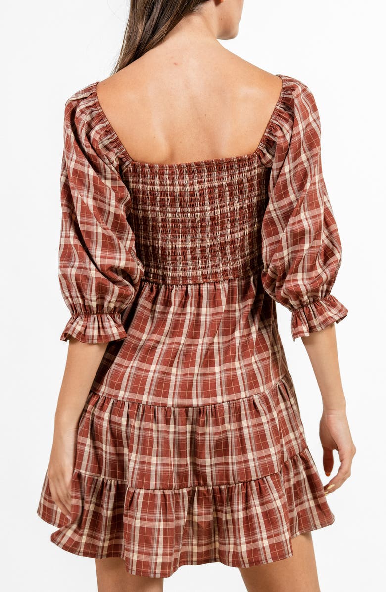 Beivy Plaid Three-Quarter Sleeve Tiered Dress, Alternate, color, Rust