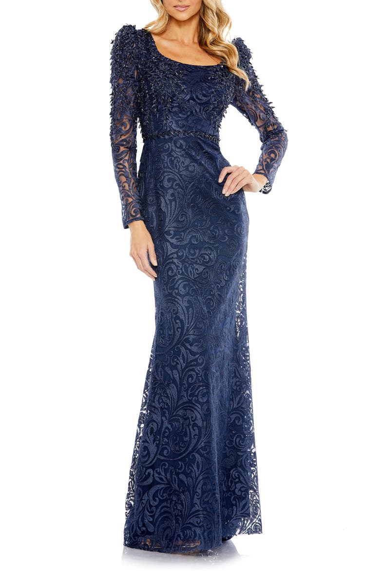 Embroidered Applique Shoulder Detail Trumpet Gown, Main, color, MIDNIGHT