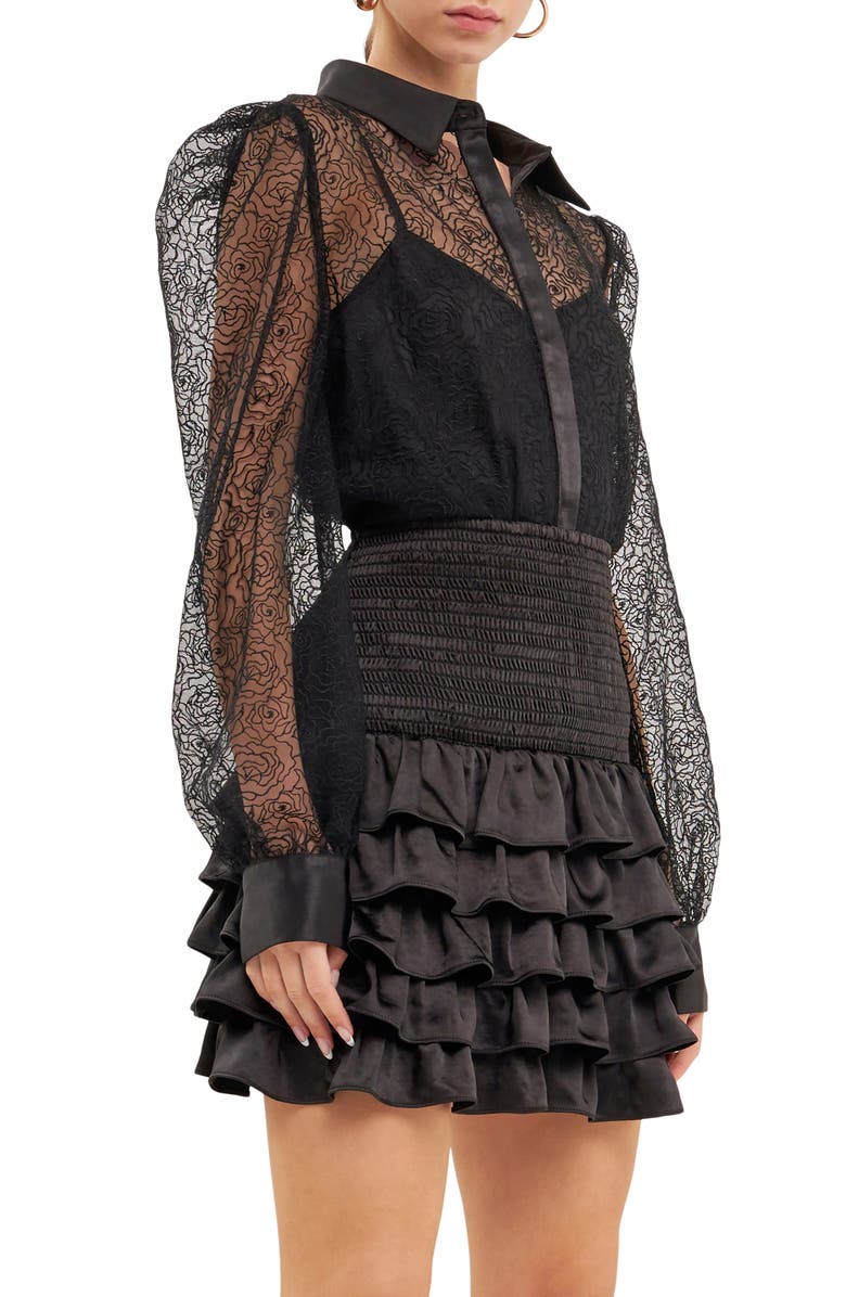 Endless Rose Embroidered Mesh Sheer Button Front Long Sleeve Blouse, Alternate, color,