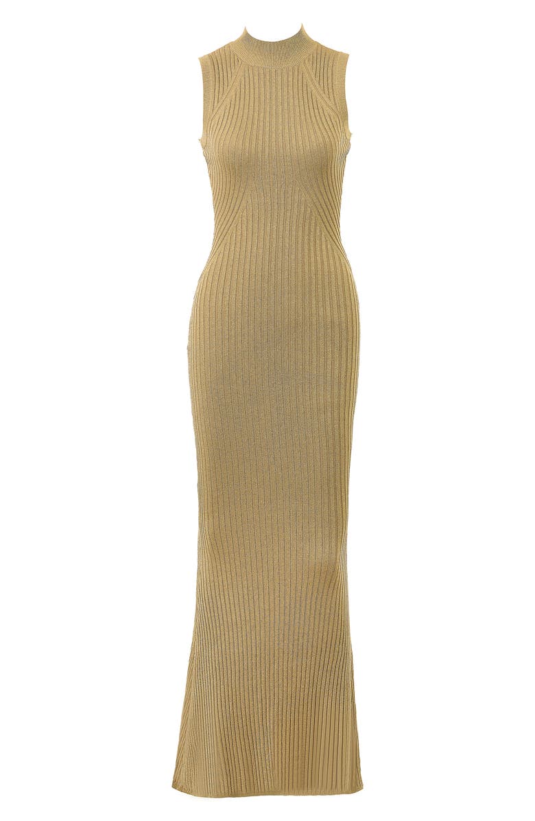 HOUSE OF CB Emmie Metallic Rib Mock Neck Maxi Dress, Alternate, color, Gold