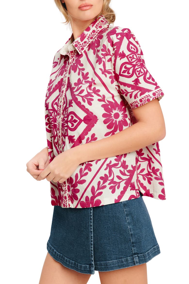 Floral Short Sleeve Button-Up Shirt, Alternate, color, IVORY FUCHSIA