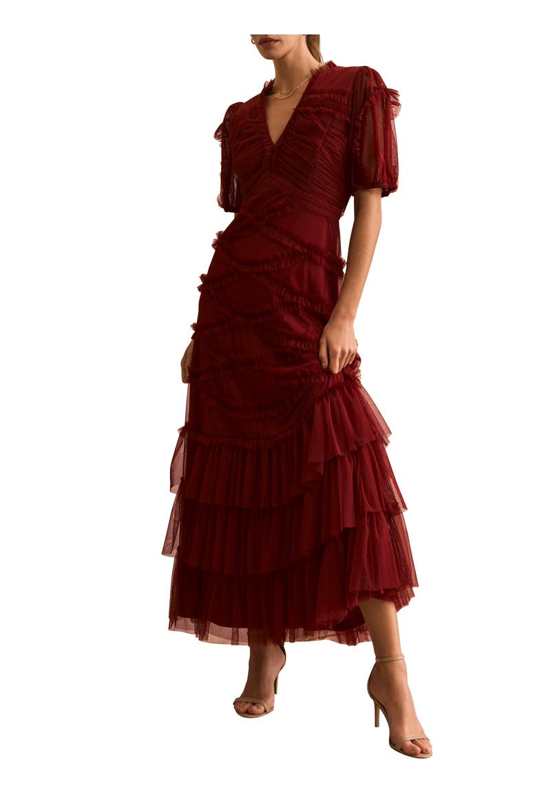 Short Sleeve Tulle Ruffle Maxi Dress, Main, color, Burgundy
