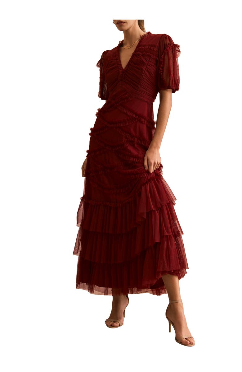 MINT VELVET Short Sleeve Tulle Ruffle Maxi Dress, Main, color, Burgundy