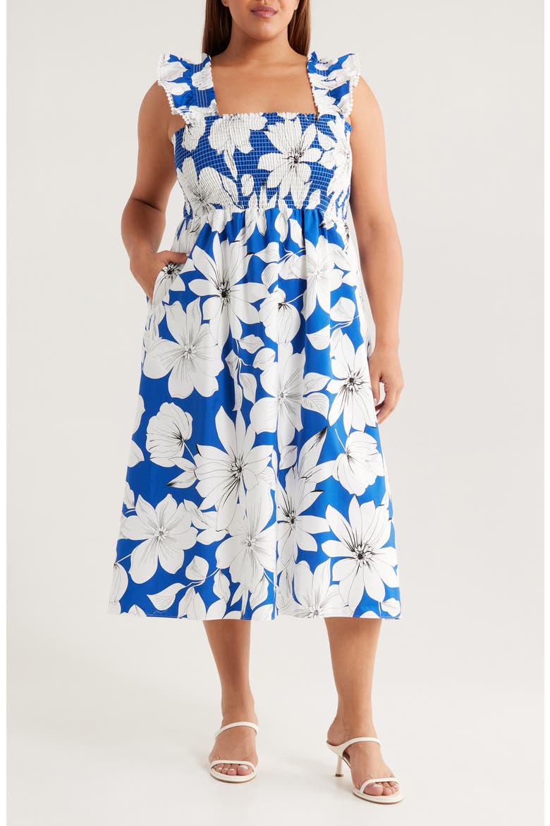 Smocked Ruffle Midi Dress, Main, color, PALACE BLUE MULTI