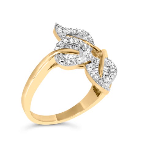 18K Gold Over Silver 3/8 Cttw Diamond Bypass Triple Leaf Ring