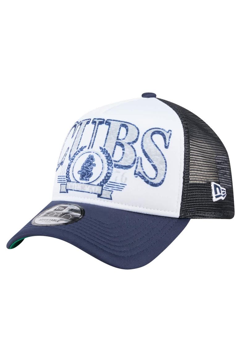 Men's New Era White/Navy Chicago Cubs Distressed 9FORTY A-Frame Adjustable Trucker Hat, Main, color, White