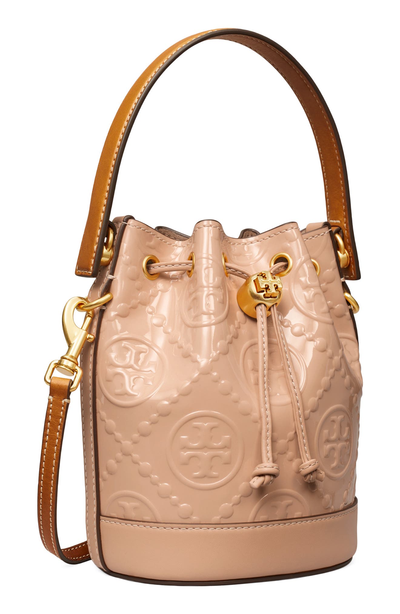 Tory Burch Mini T Monogram Embossed Patent Leather Bucket Bag, Alternate, color, 