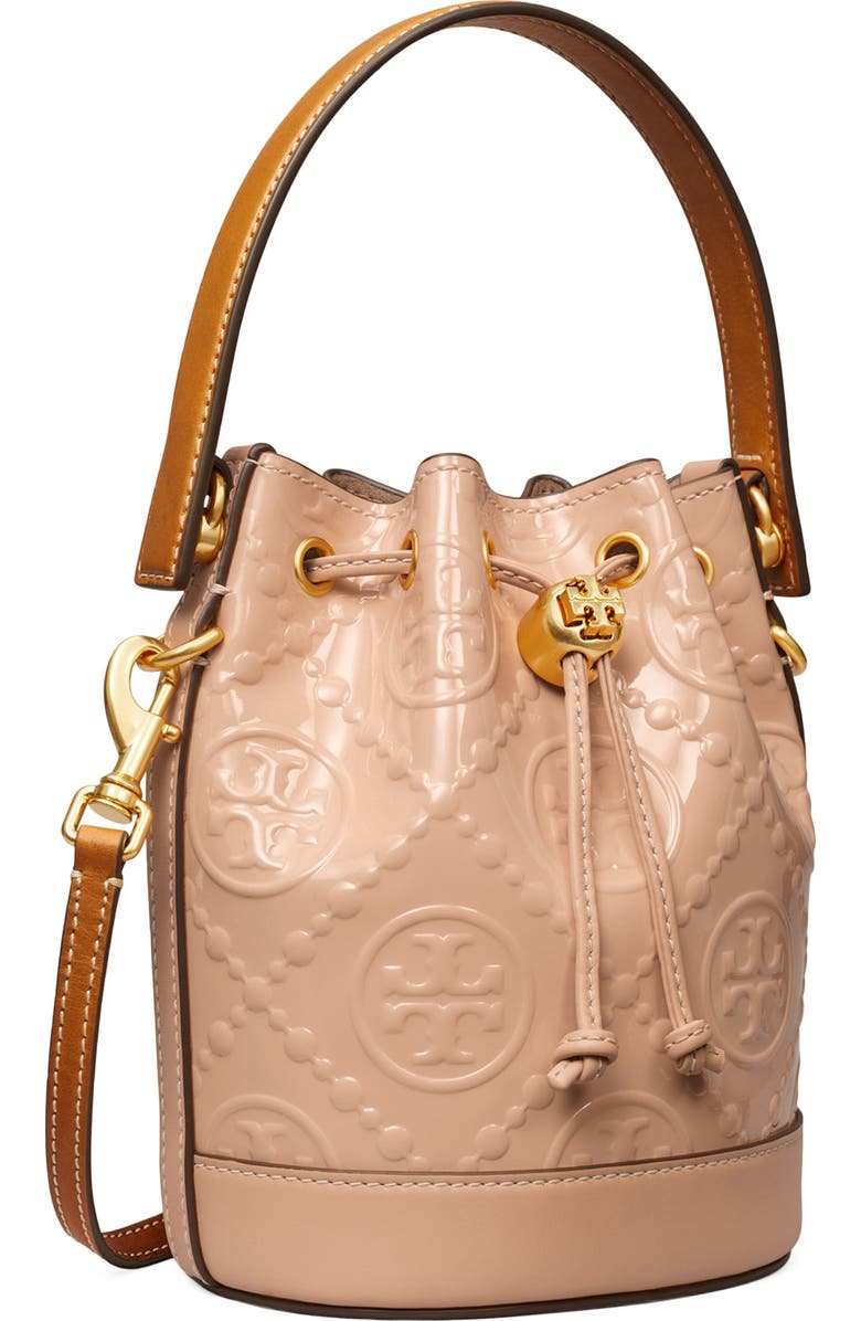 Tory Burch Mini T Monogram Embossed Patent Leather Bucket Bag, Alternate, color,