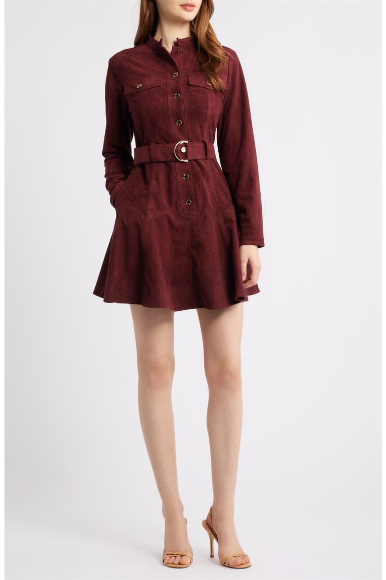 Laurie Long Sleeve Belted Faux Suede Shirtdress, Main, color, BROWN WINE