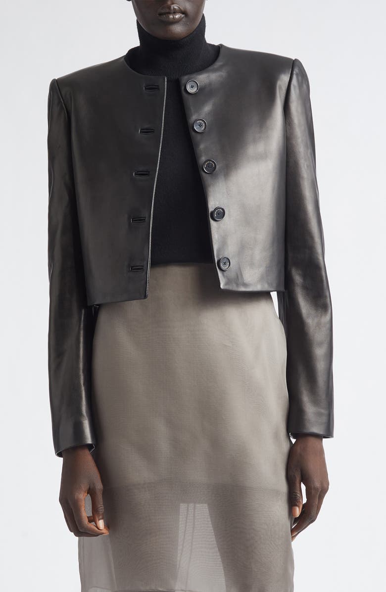 Brandon Maxwell The Ryder Boxy Leather Crop Jacket, Main, color, Black