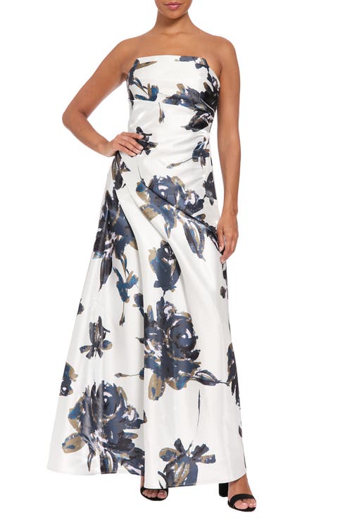 Floral Print Pleated Strapless Gown