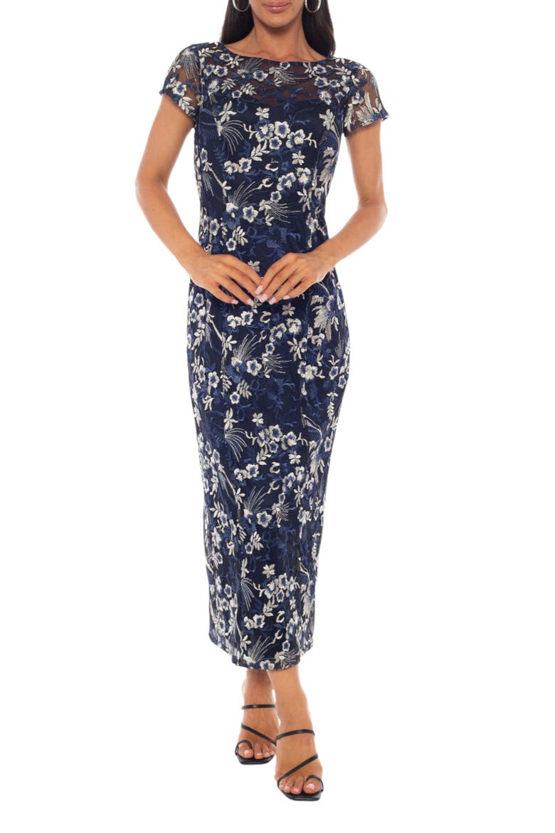 Embroidered Illusion Mesh Gown, Main, color, NAVY