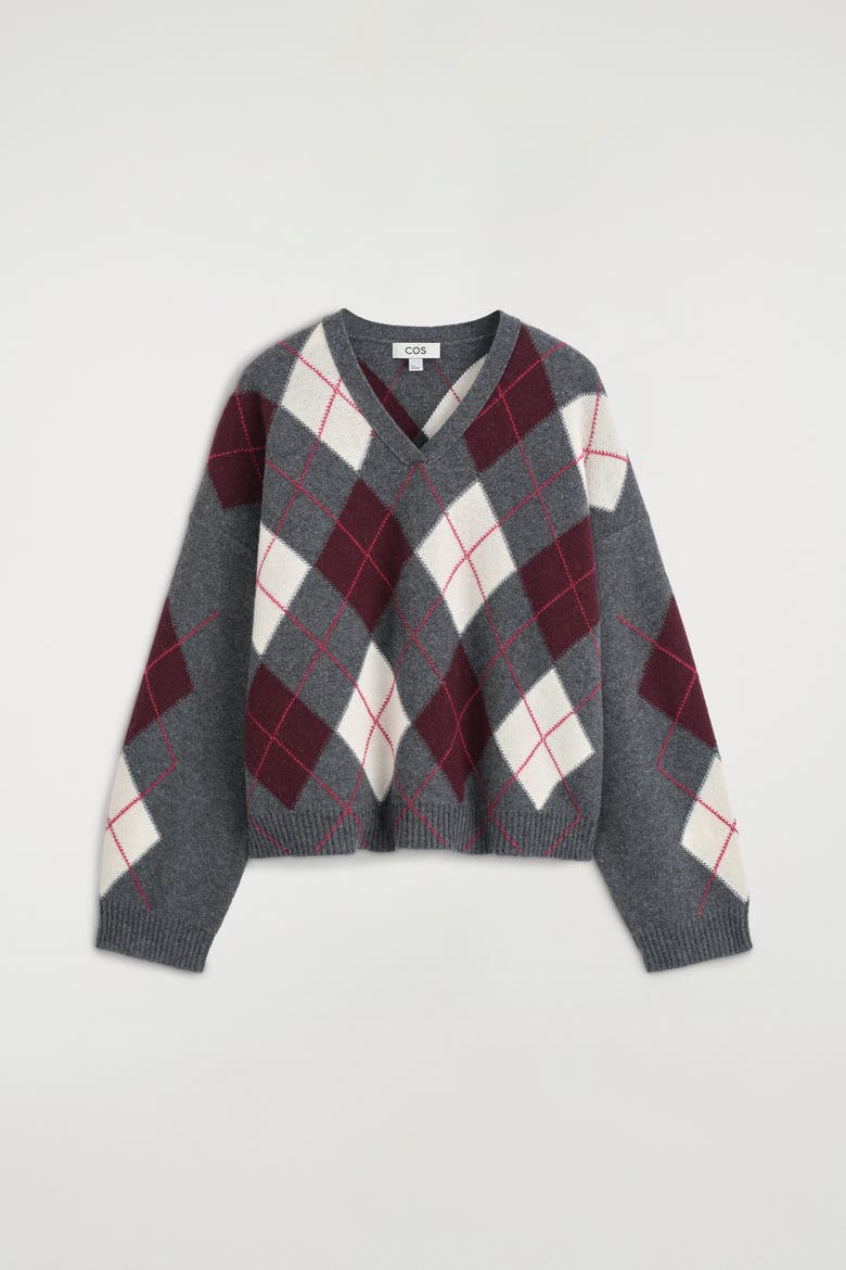 Argyle Wool-Alpaca V-Neck Sweater, Alternate, color, GRAY / RED / CHECKED