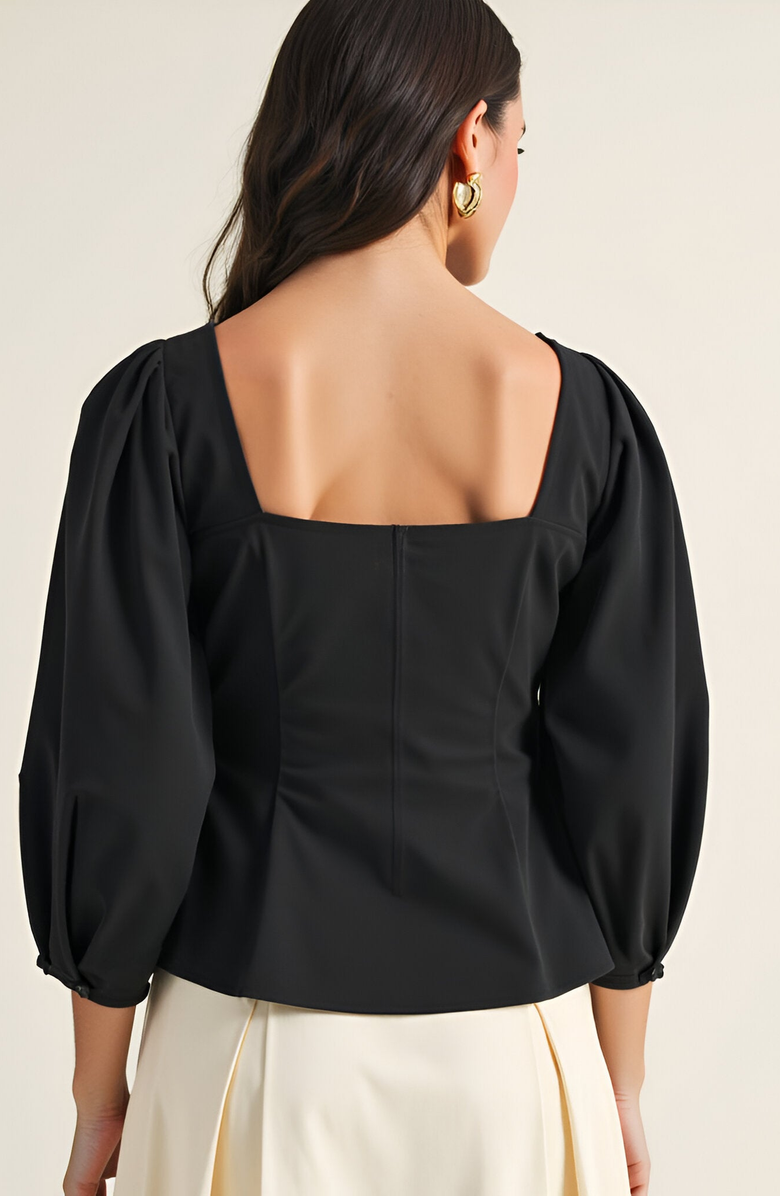 Modenaire Square Neck Long Sleeve Front Button Peplum Blouse, Alternate, color, Black