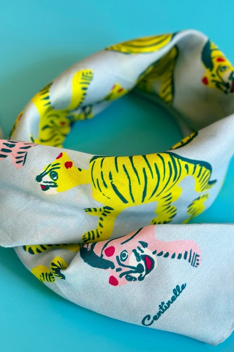 Nodding Tigers Cotton Silk Bandana, Alternate, color, Blue