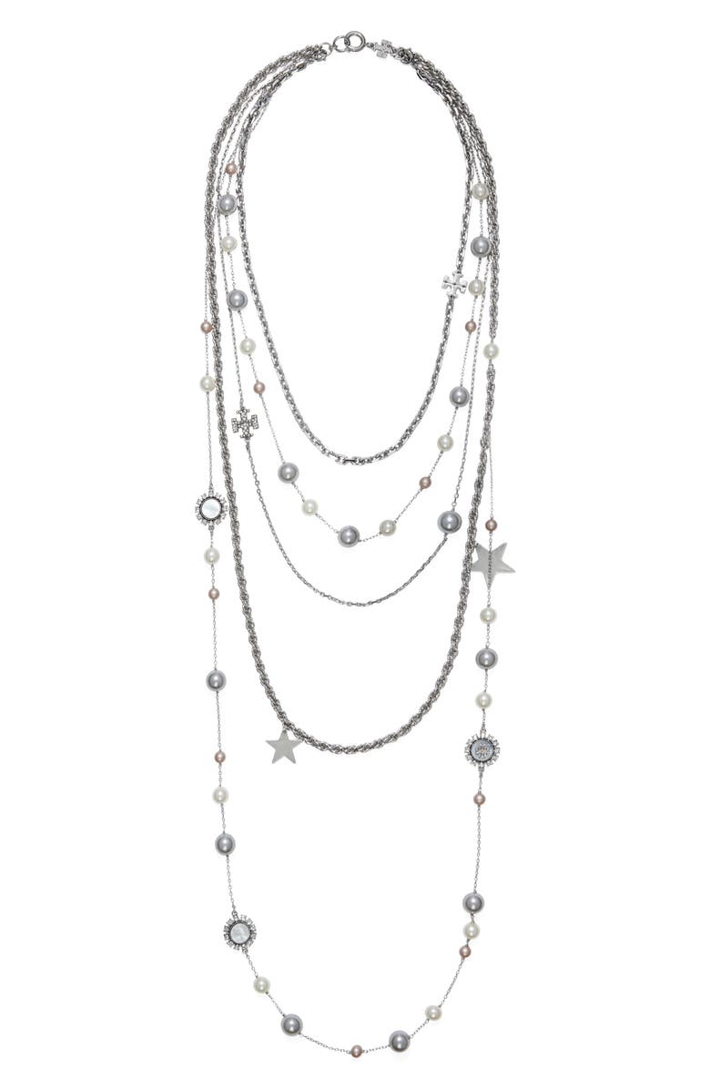 Tory Burch Faux Pearl and Mother-of-Pearl Station Multistrand Necklace, Main, color,
