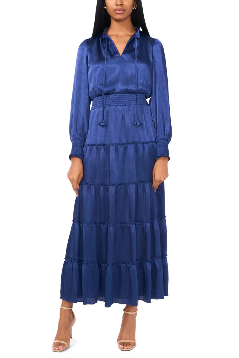 Satin Long Sleeve Tiered Maxi Dress, Alternate, color, MYSTIC NAVY