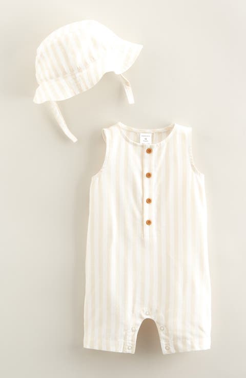 Print Henley Romper & Hat Set (Baby)
