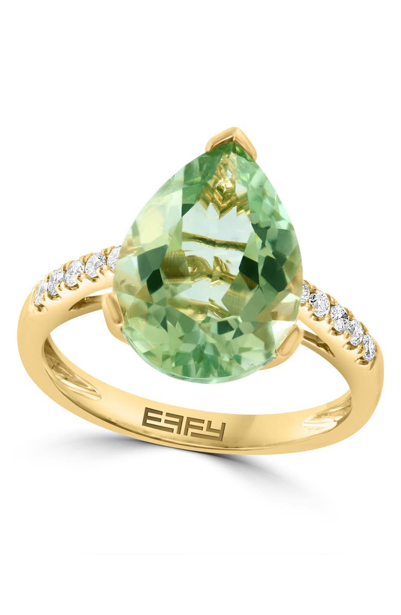 EFFY 14K Yellow Gold, Diamond, & Pear Green Quartz Ring, Main, color, 