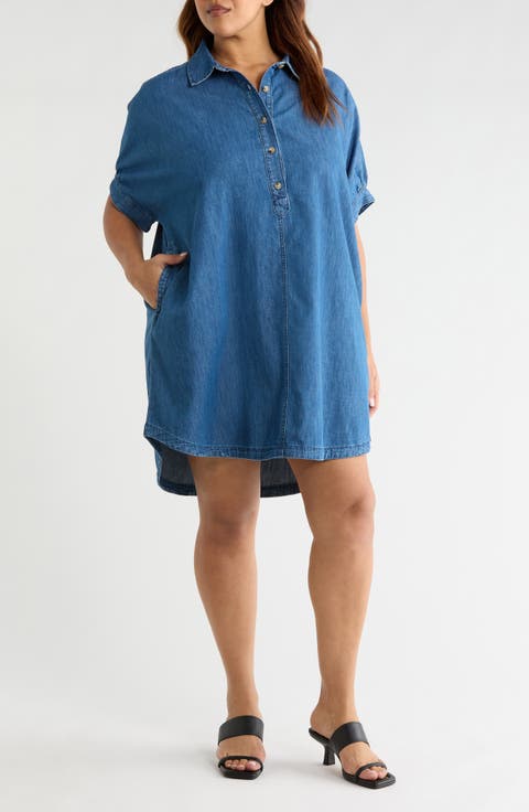 Chambray Polo Shift Dress (Plus)