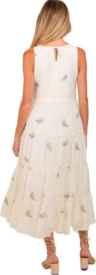 Ditsy Floral Embroidered V Neck Tiered Dress