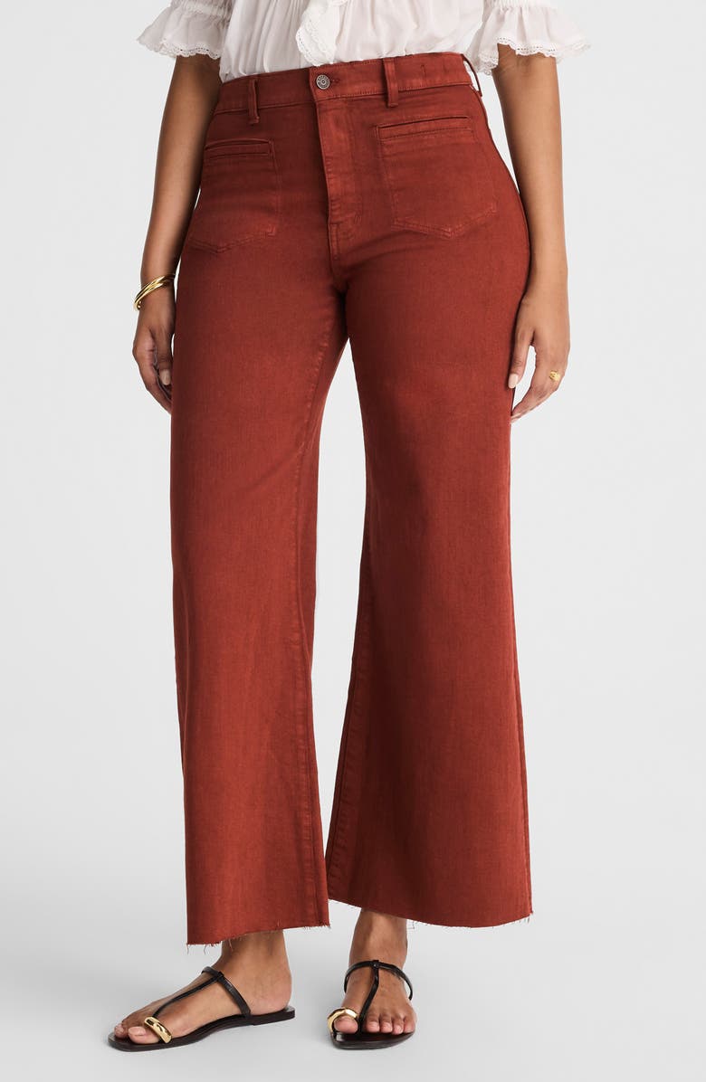 Garment Dye Patch Pocket Raw Hem Crop Flare Wide Leg Jeans