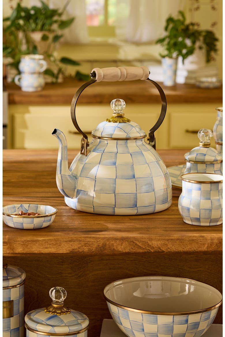 Sky Check Enameled Steel 3-Quart Tea Kettle, Alternate, color, SKY CHECK