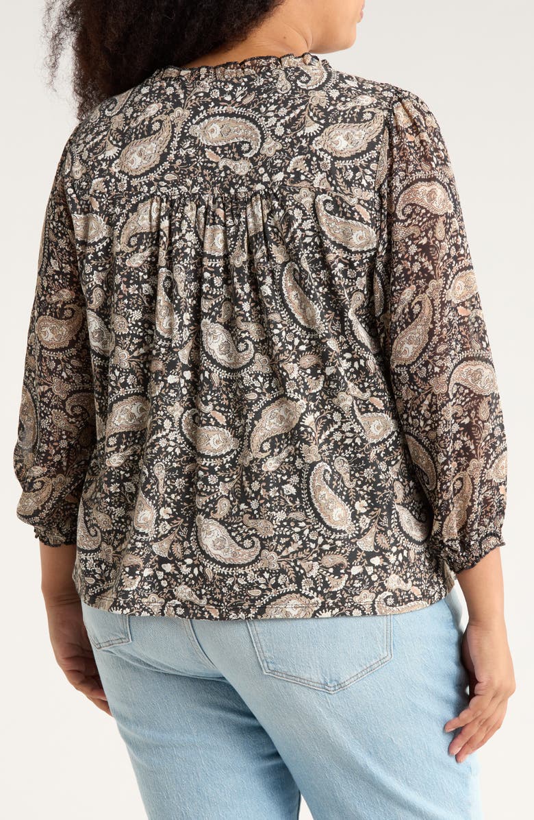 Lucky Brand Split Neck Smocked Long Sleeve Top, Alternate, color, Black Multi Combo