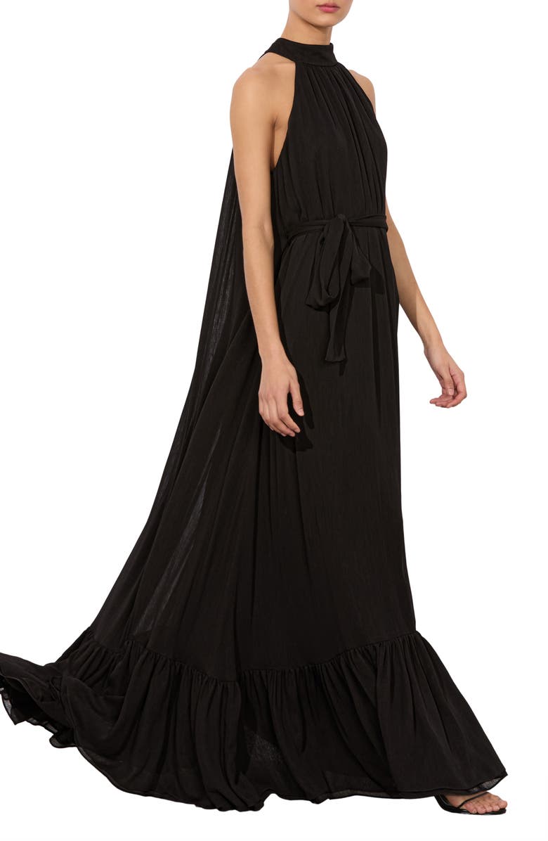 Alice + Olivia Jovie Tie Waist Sleeveless Cape Maxi Dress, Alternate, color, Black