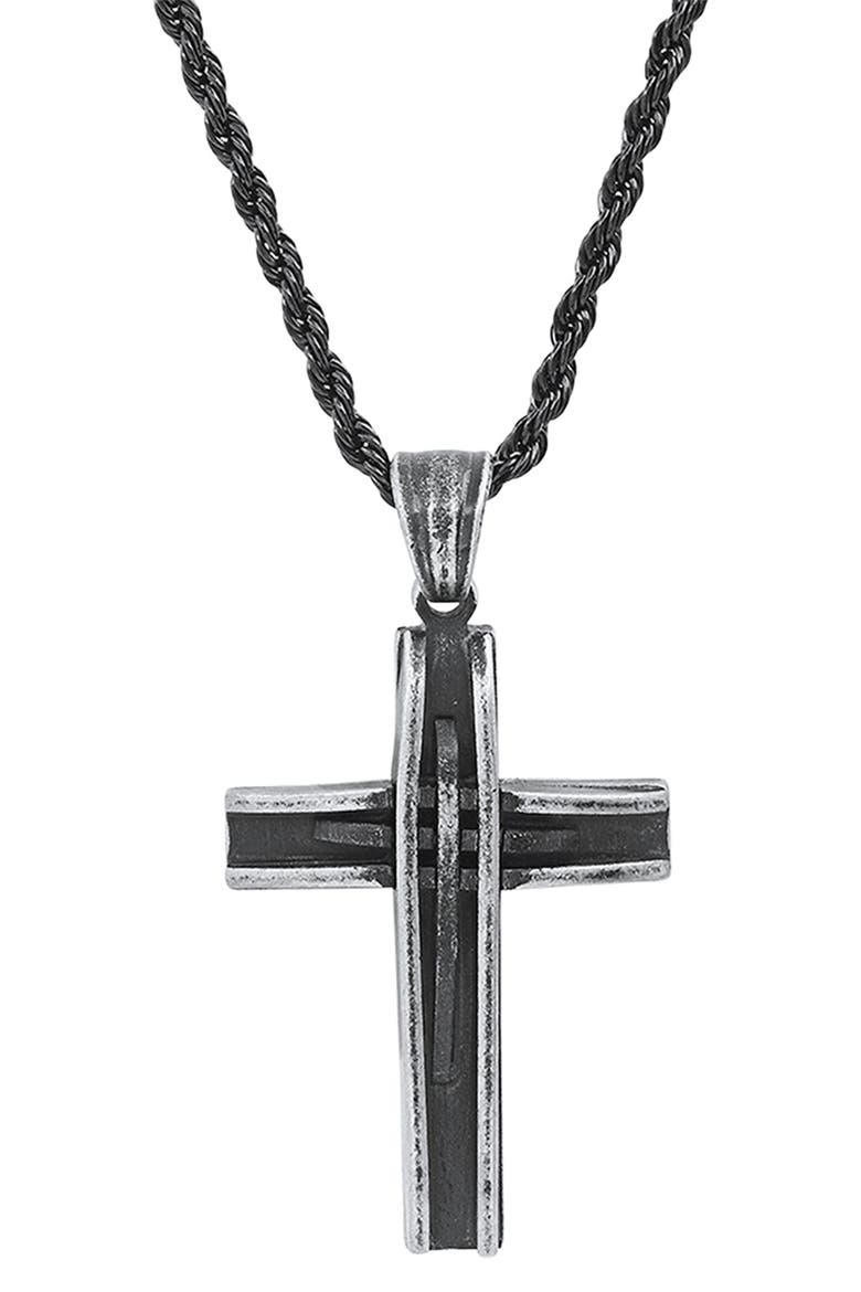 Stainless Steel Oxidized Cross Necklace, Alternate, color, BLACK