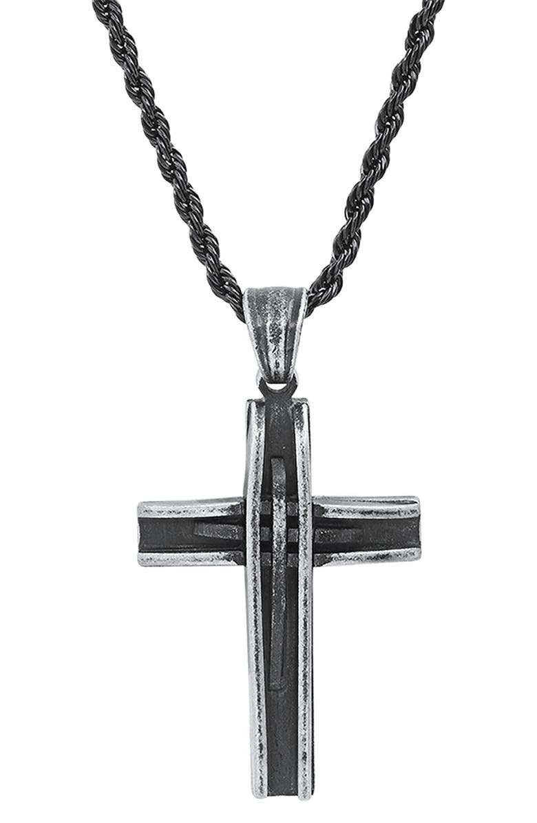HMY JEWELRY Stainless Steel Oxidized Cross Necklace, Alternate, color, Black