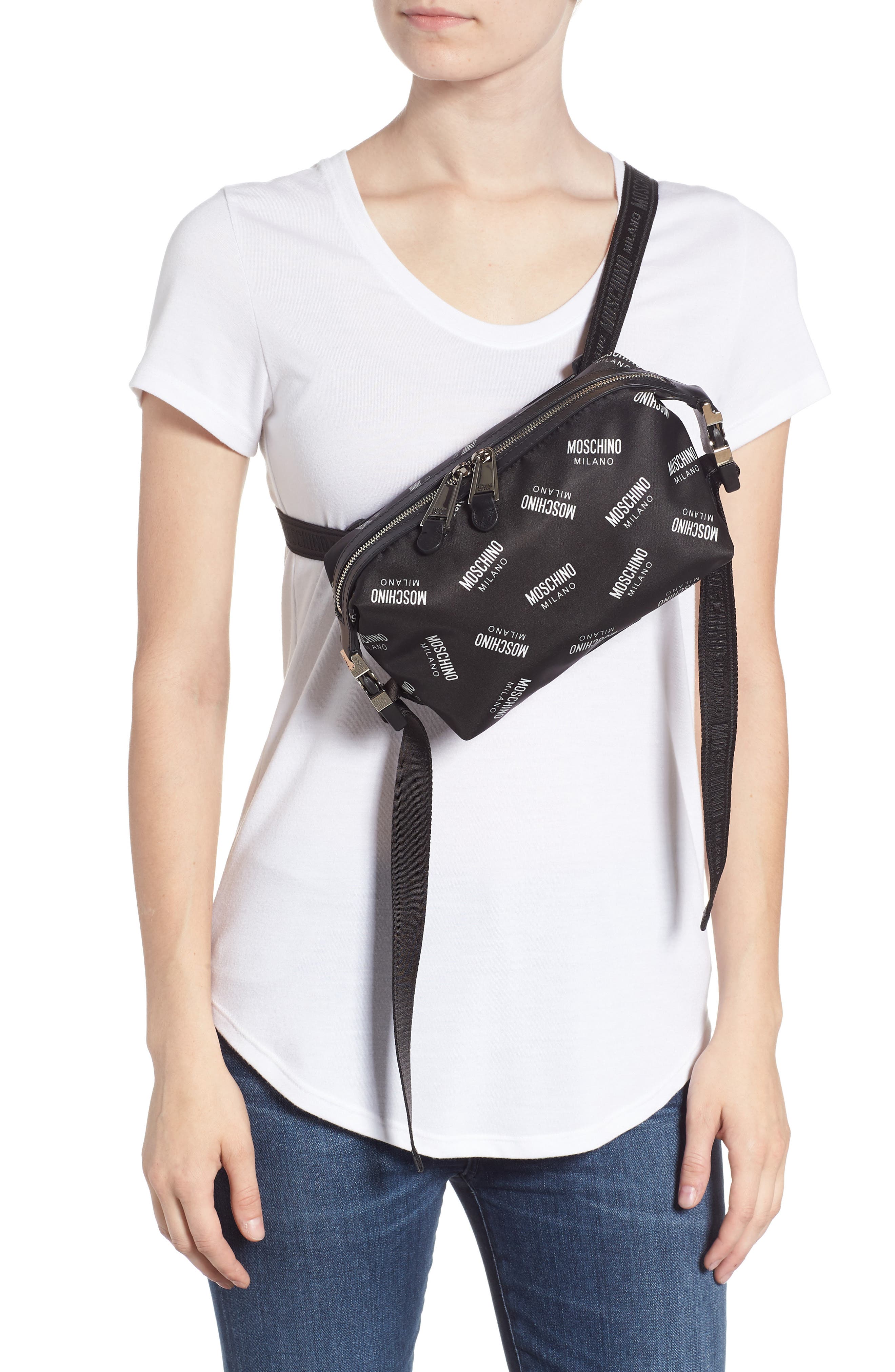 Moschino Logo Print Nylon Blend Belt Bag, Alternate, color, 