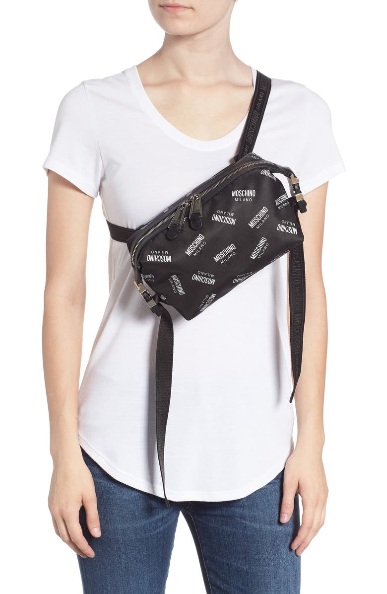 Moschino Logo Print Nylon Blend Belt Bag, Alternate, color,