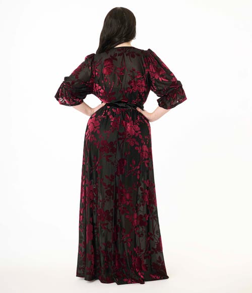 Unique Vintage Plus Size Floral Velvet Burnout Duster In Black