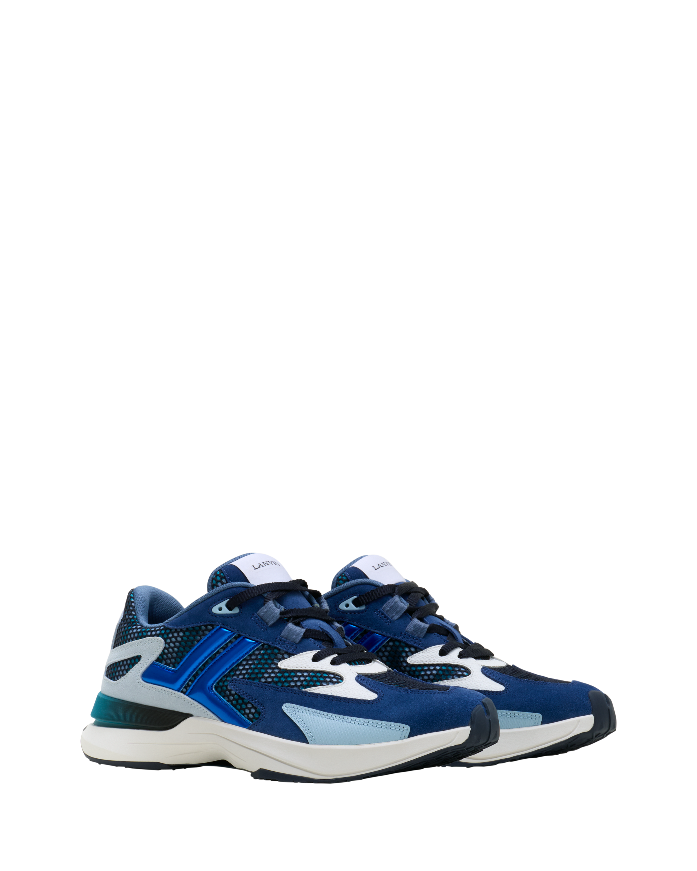 Lanvin Jla Sneakers In Mesh And Metallic Leather, Alternate, color, Dark Blue/Light Blue