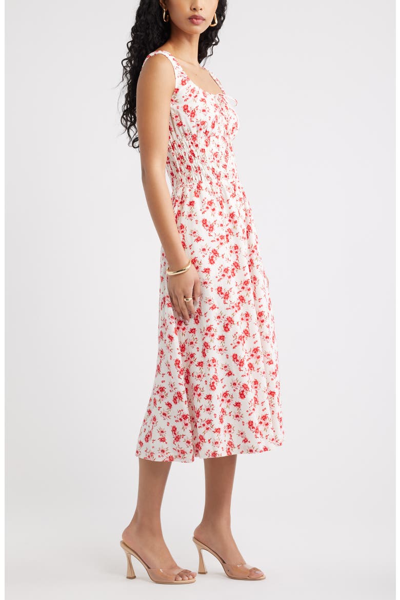 Smocked Waist Midi Dress, Alternate, color, IVORY- PINK SOFT HIBISCUS