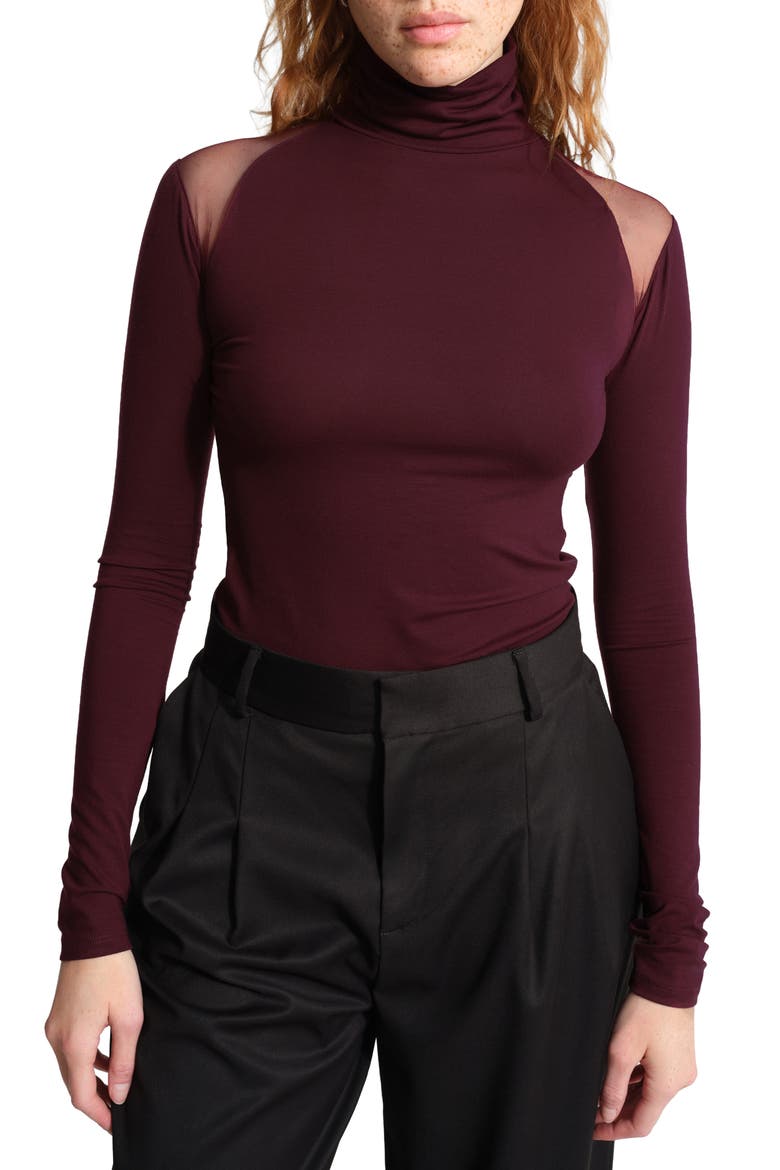 Maria Sheer Shoulder Turtleneck Top, Main, color, BURGUNDY