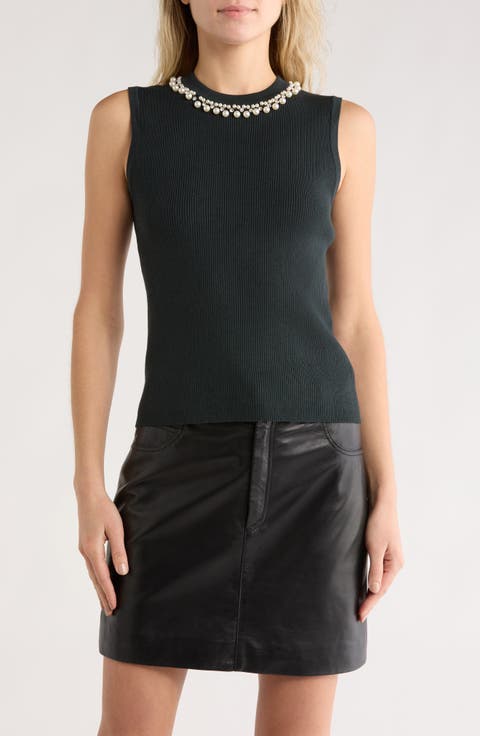 Faux Pearl & Rhinestone Collar Sleeveless Sweater