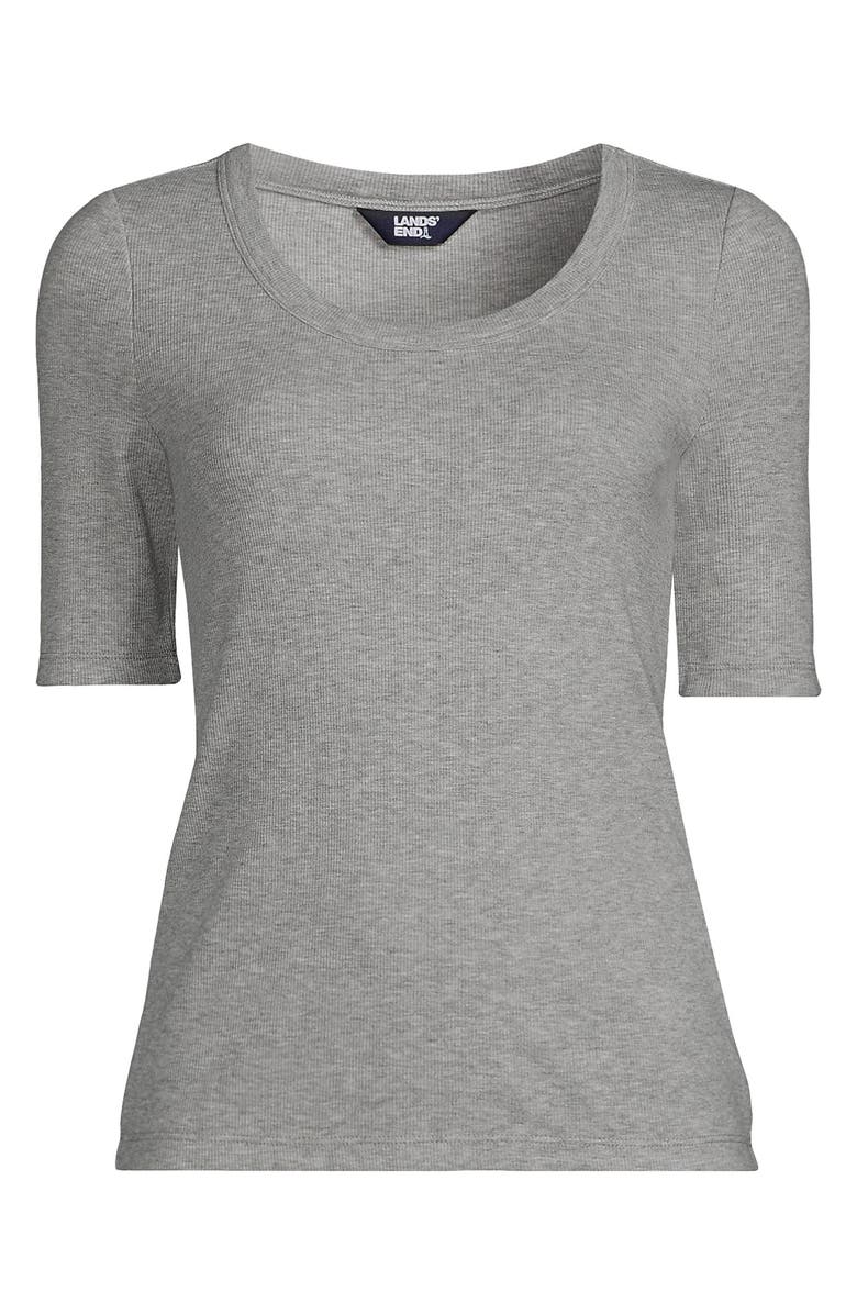 Lands' End Plus Size Drapey Rib Fitted Elbow Sleeve Scoop Neck Tee, Alternate, color, Gray Heather