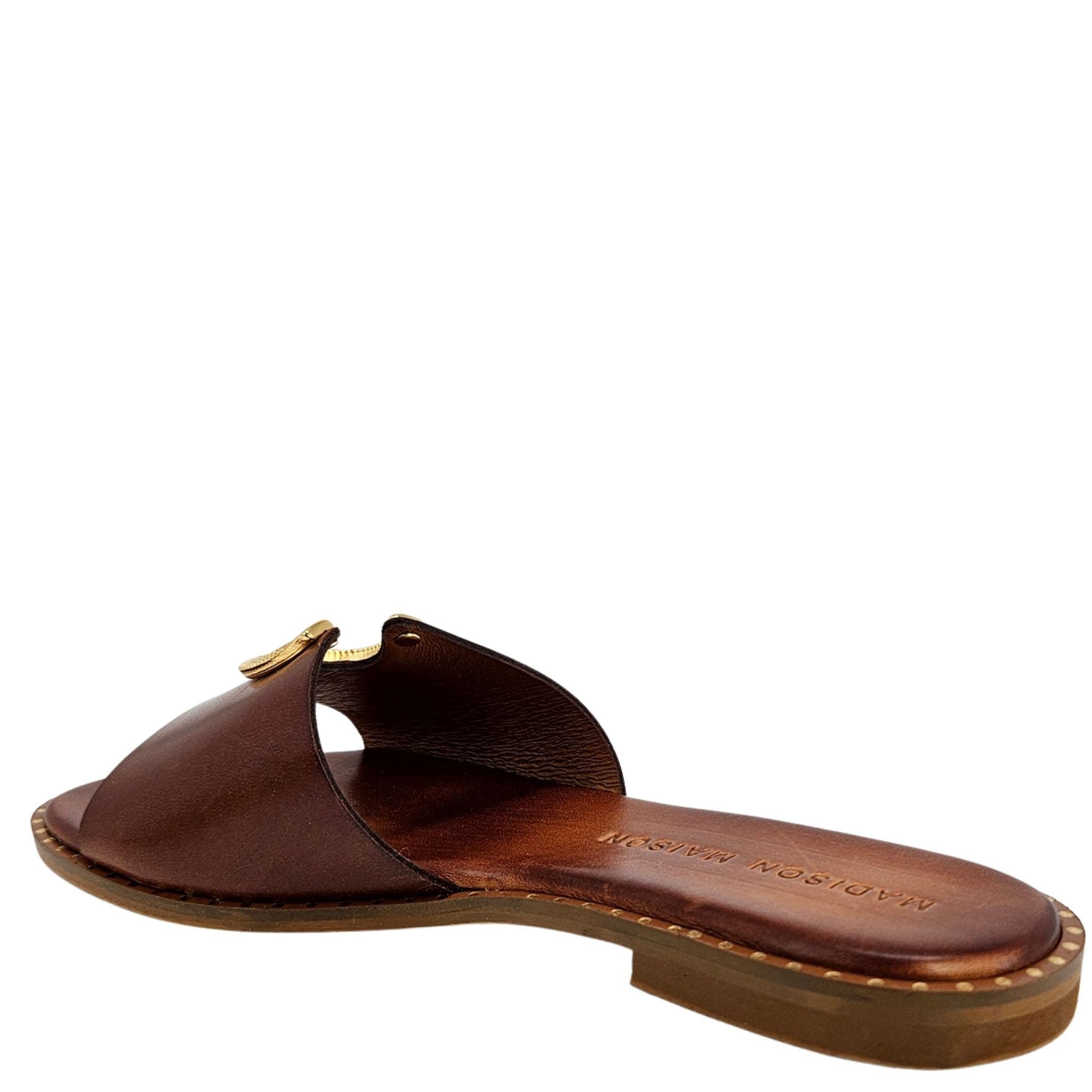 Horse Shoe Buckle Leather Flat Sandal, Alternate, color, caramel