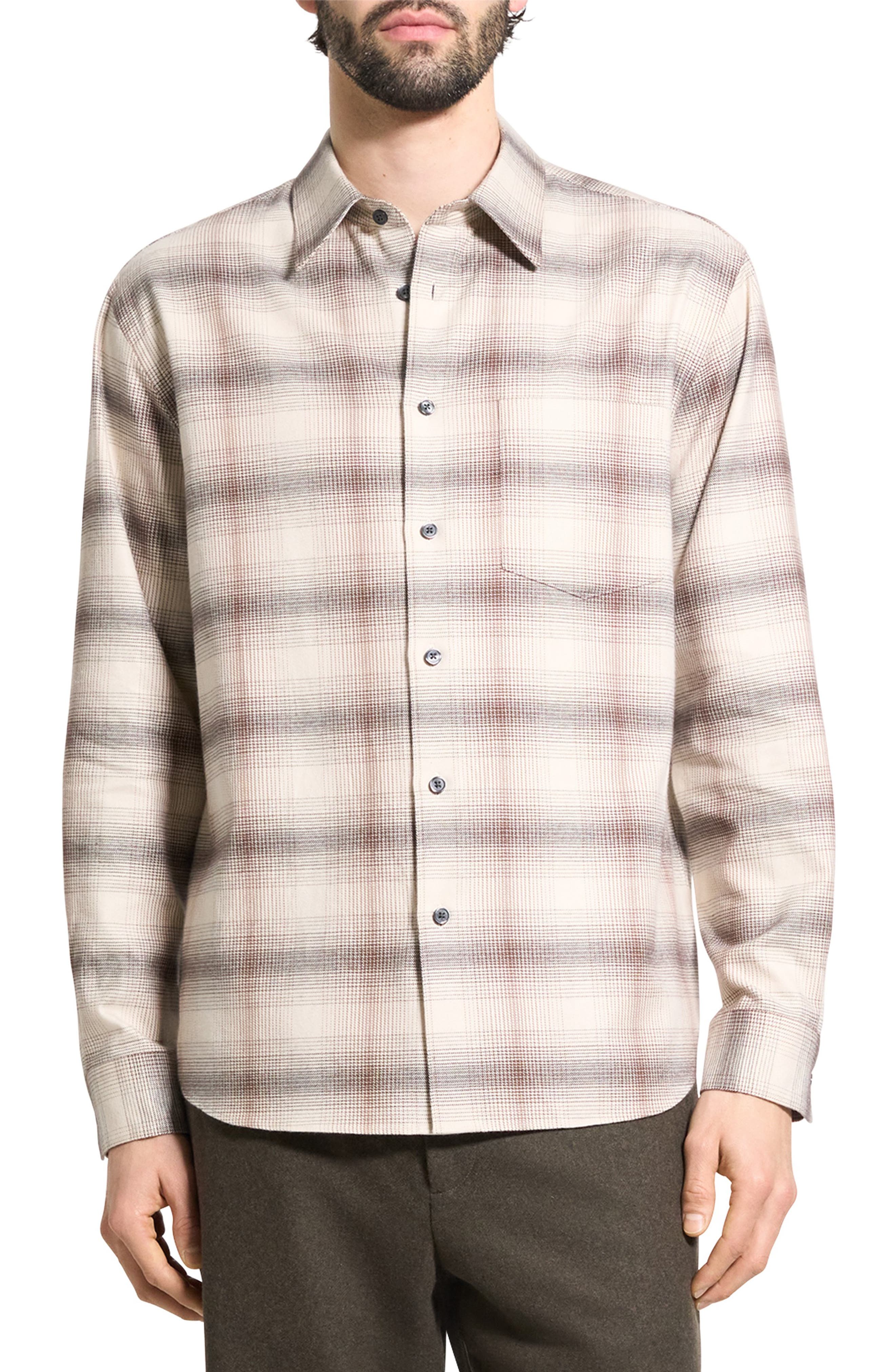 Theory Weekend Gradient Check Brushed Cotton Button-up Overshirt In Brown