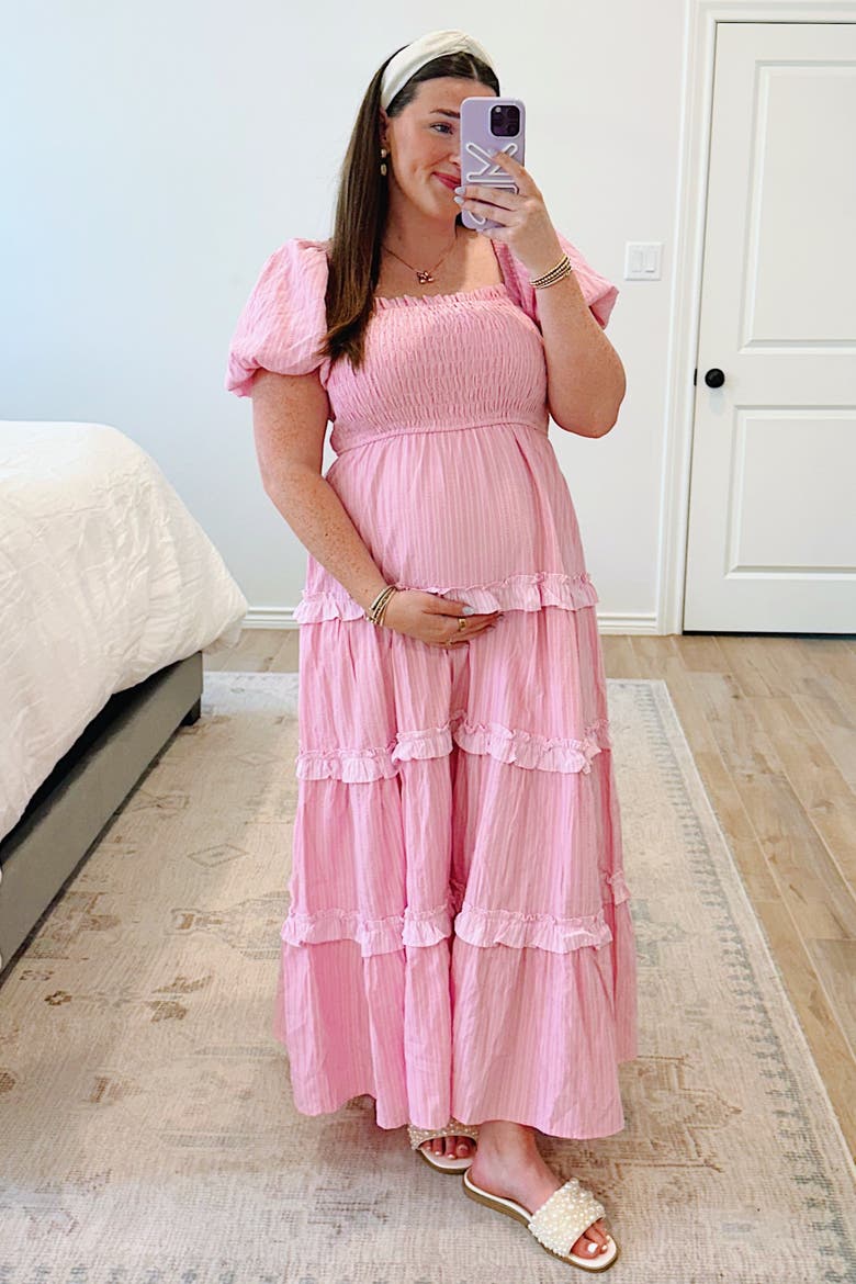 Smocked Ruffle Tiered Puff Sleeve Maxi Dress, Alternate, color, Pink