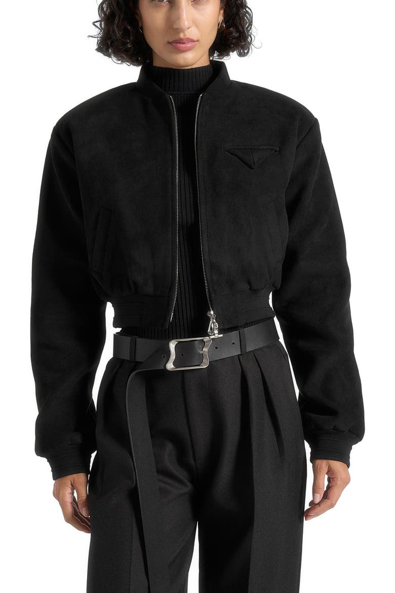 Monique Suede Wide Shoulder Bomber Jacket, Main, color, Black