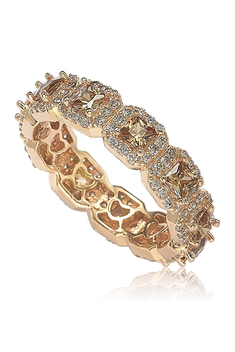 14K Rose Gold Plated Sterling Silver Asscher Cut Brown & White Cubic Zirconia Band Ring, Alternate, color, BROWN